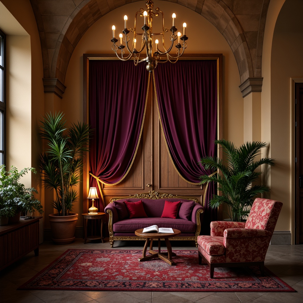 Prompt: Rich plum tone, luxurious velvet fabric, golden accents, warm candlelight, soft focus, intimate atmosphere, cozy reading nook, vintage leather armchair, ornate wooden paneling, subtle floral patterns, earthy terracotta pots, lush greenery, natural stone flooring, dramatic ceiling arches, elegant chandelier, warm beige walls, sophisticated interior design, 1/2 composition, shallow depth of field, softbox lighting.