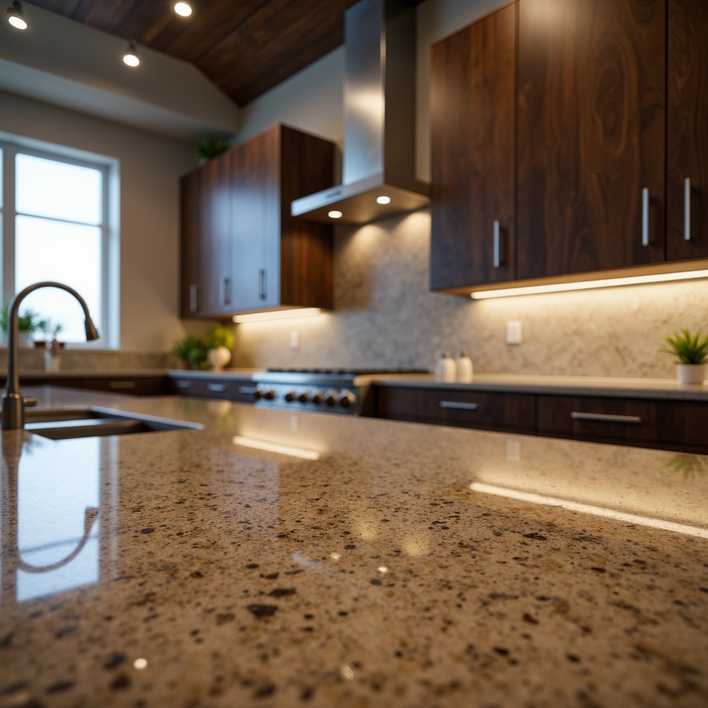 Prompt: Elegant modern kitchen, polished granite countertops, subtle sparkle, earthy tone, durability, stain resistance, low maintenance, natural stone texture, sleek cabinetry, stainless steel appliances, warm ambient lighting, shallow depth of field, 3/4 composition, realistic reflection, ambient occlusion.