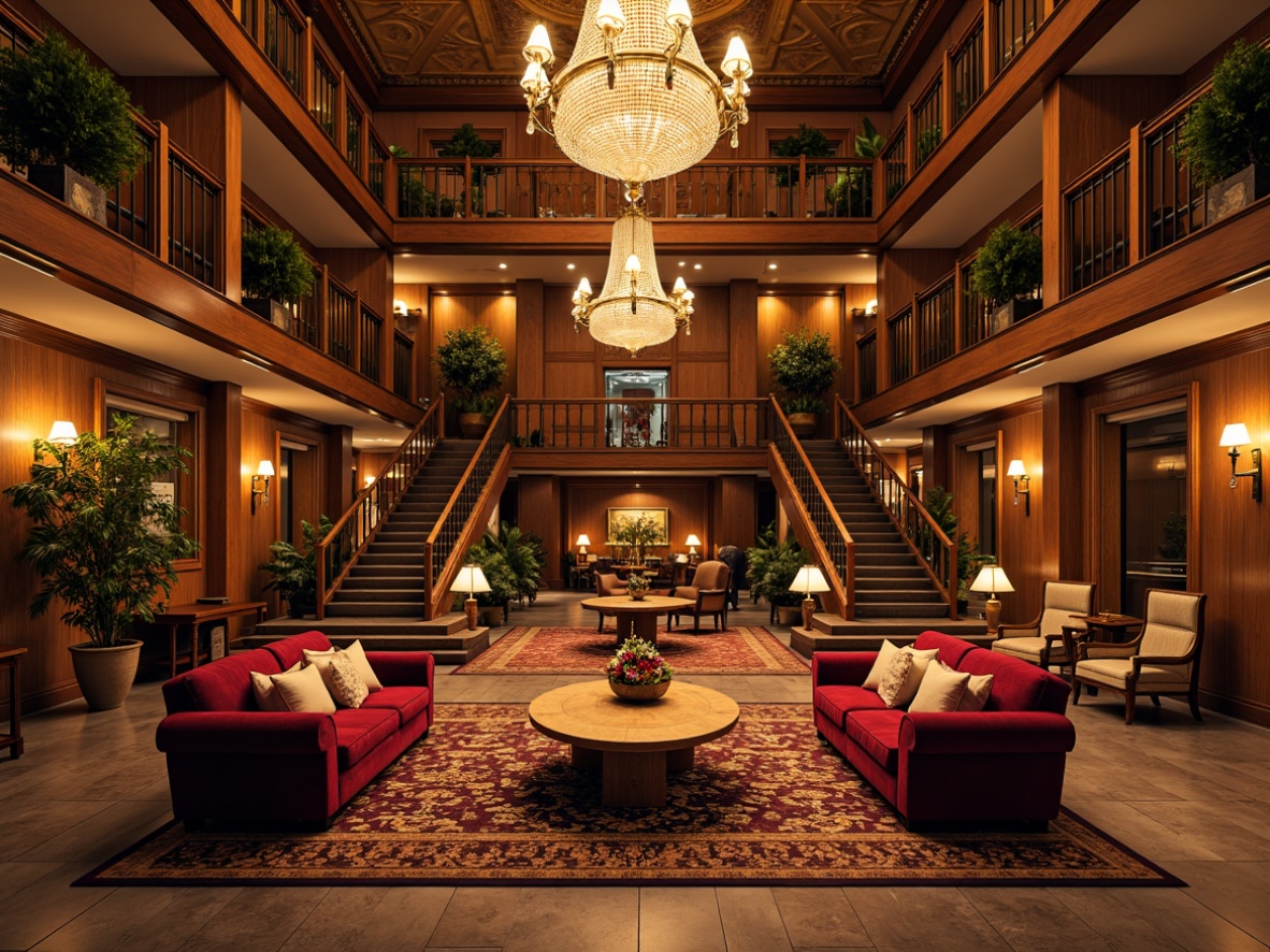 Prompt: Luxurious traditional hotel lobby, grand chandeliers, ornate wooden furniture, plush velvet sofas, rich tapestries, intricately patterned rugs, vintage decorative objects, antique fixtures, warm golden lighting, elegant staircases, refined wood paneling, classic columns, stately foyers, lavish furnishings, sophisticated color palette, ornamental mirrors, opulent drapery, majestic crystal chandeliers, intimate seating areas, tranquil ambiance.