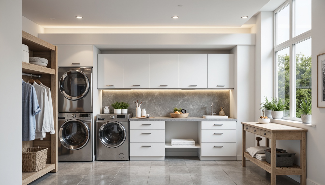 Prompt: Modern laundry room, sleek appliances, stainless steel countertops, white cabinets, soft-close drawers, LED lighting, porcelain floor tiles, natural stone accents, minimalist decor, functional layout, task-oriented design, ample storage space, built-in shelving, hanging rods, ironing board station, folding table, laundry sorter, utility sink, hot and cold water faucets, energy-efficient washer and dryer, quiet operation, soft-close lids, easy-access detergent dispenser, convenient step stool, bright airy atmosphere, overhead cabinets, pull-out trash can, sliding doors, 3/4 composition, shallow depth of field, realistic textures.