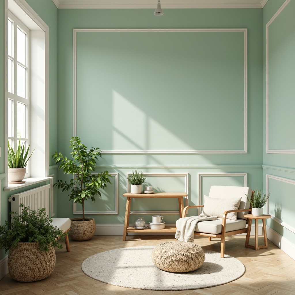 Prompt: Pastel mint walls, creamy white trims, soft sage accents, pale turquoise hints, calming atmosphere, refreshing ambiance, natural textiles, woven rattan furniture, potted greenery, delicate florals, warm beige flooring, gentle morning light, subtle shadows, 1/2 composition, shallow depth of field, realistic reflections.