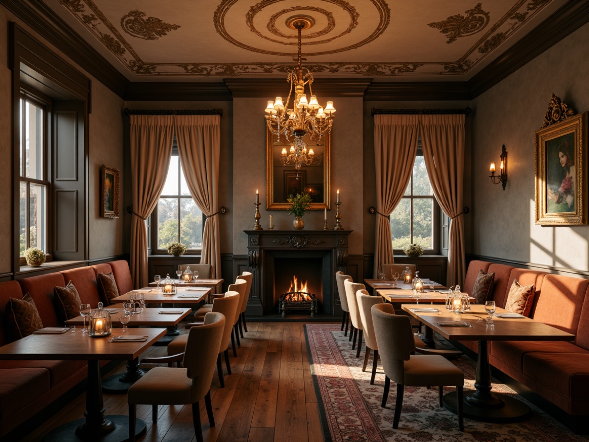 Prompt: Cozy dining room, warm wood tones, earthy brown furniture, soft beige curtains, elegant chandelier, sophisticated gray walls, rich velvet upholstery, luxurious gold accents, intimate candlelight, atmospheric shadows, dramatic ceiling height, ornate moldings, traditional architecture, vintage decorations, rustic wooden tables, plush area rugs, inviting ambiance, golden hour lighting, warm color harmony.