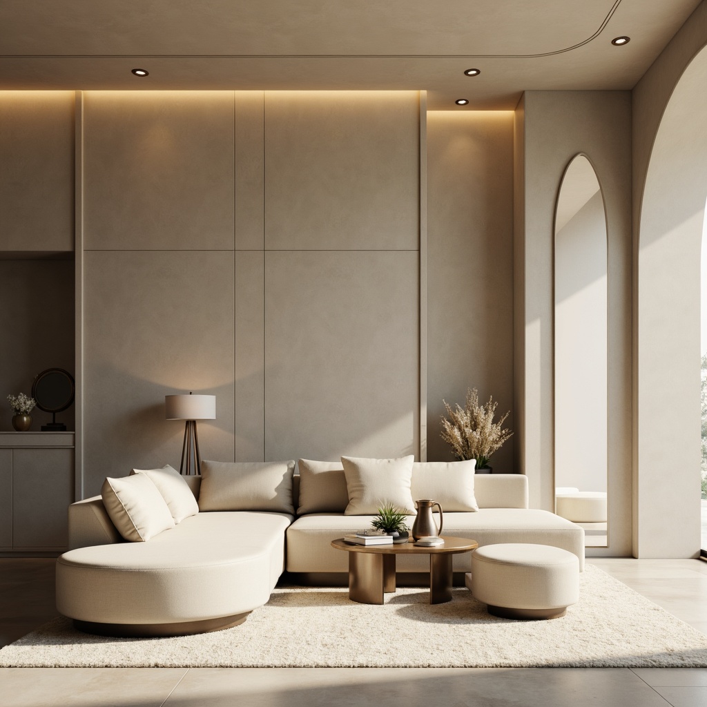 Prompt: Monochromatic interior, soft beige walls, polished chrome accents, minimal ornamentation, clean lines, curved shapes, luxurious fabrics, velvety textures, ambient warm lighting, subtle shadows, 1/1 composition, shallow depth of field, realistic reflections, sleek modern furniture, geometric patterns, elegant simplicity, calming atmosphere.