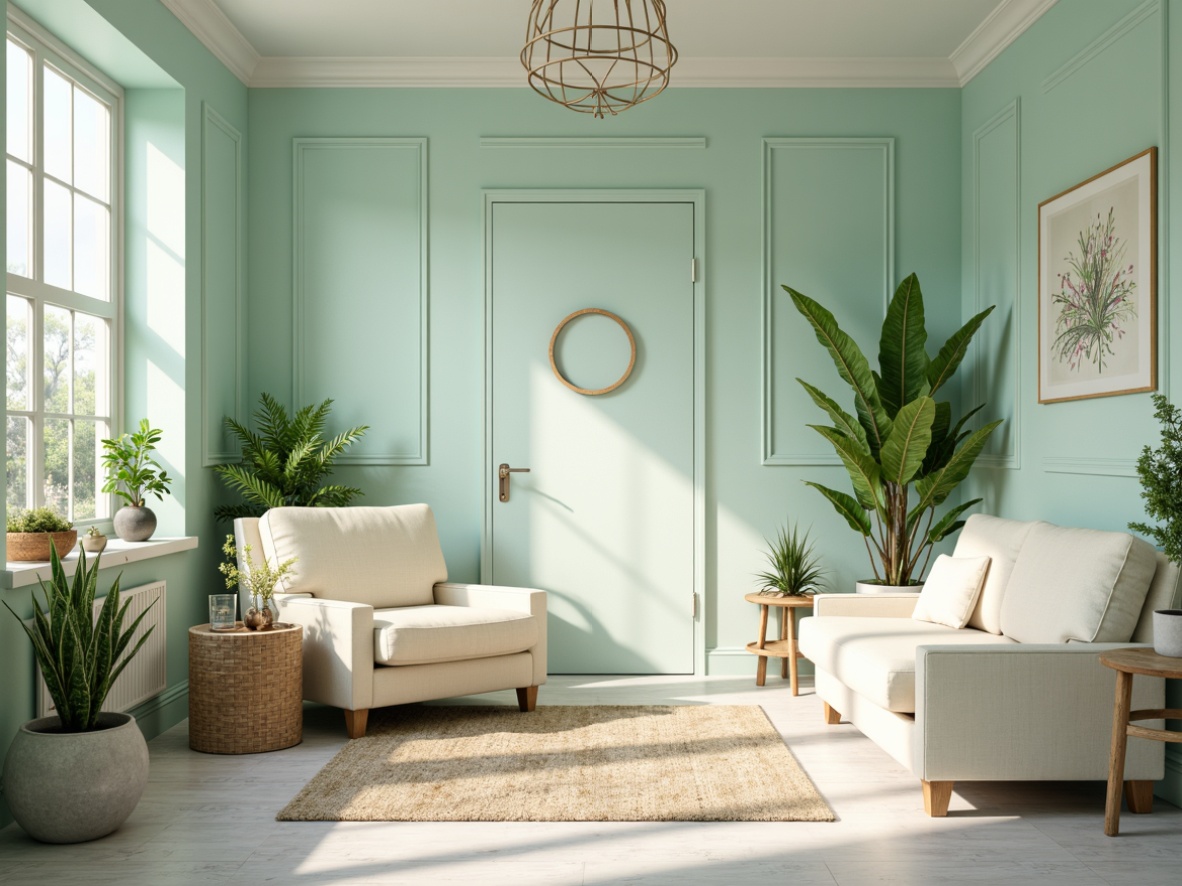 Prompt: Pastel mint walls, soft creamy furniture, calming ambiance, refreshing atmosphere, natural light, airy feel, subtle wood accents, pale blue undertones, creamy white trim, delicate glass decor, lush greenery, potted plants, botanical patterns, gentle breeze, warm sunlight, shallow depth of field, 1/1 composition, realistic textures, ambient occlusion.