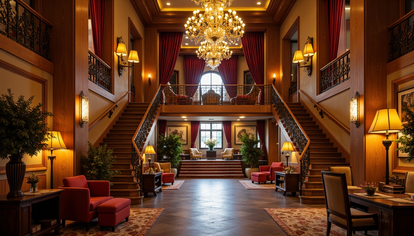 Prompt: Elegant hotel lobby, ornate chandeliers, warm golden lighting, rich wood paneling, luxurious furniture, velvet drapes, grand staircase, crystal sconces, soft ambient glow, warm color temperature, low-key backlighting, traditional architectural details, high ceilings, large windows, natural stone floors, cozy reading nooks, intimate seating areas, rustic metal fixtures, vintage-inspired lamps, dramatic entranceways, 1/2 composition, shallow depth of field, soft focus effect.