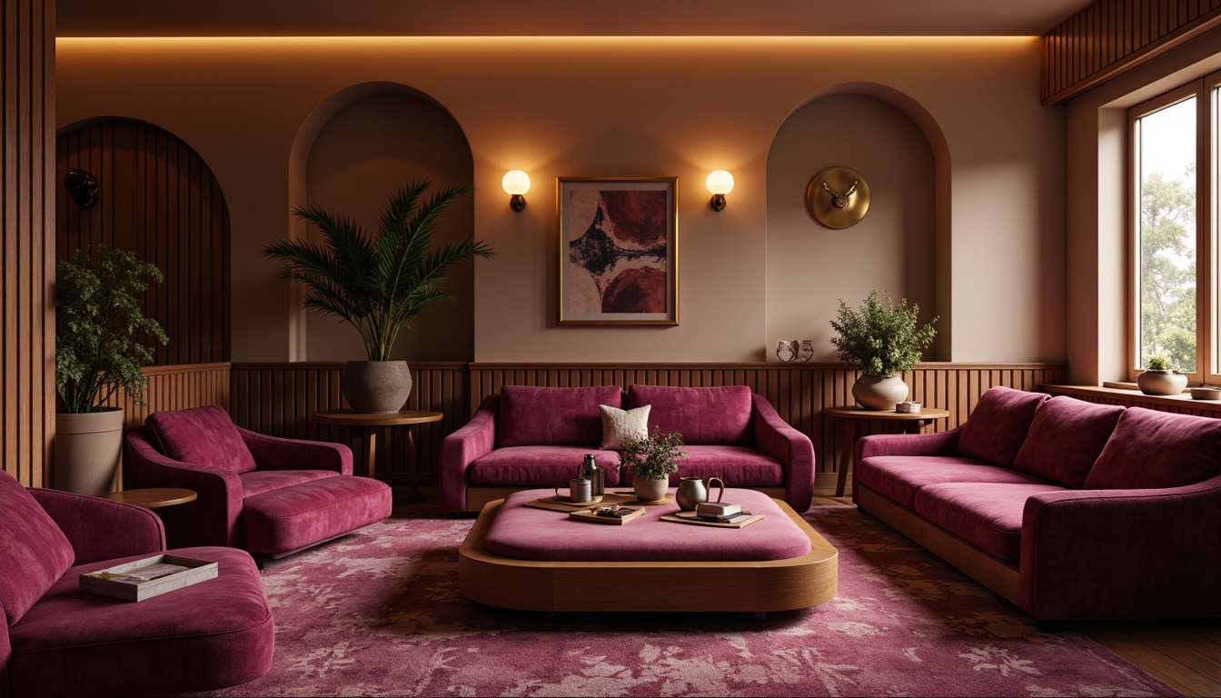 Prompt: Rich plum hues, warm golden lighting, soft beige backgrounds, velvety smooth textures, elegant curved lines, luxurious furniture pieces, ornate metal accents, sophisticated interior design, cozy intimate atmosphere, warm inviting ambiance, subtle gradient effects, 1/2 composition, shallow depth of field, realistic renderings, ambient occlusion.