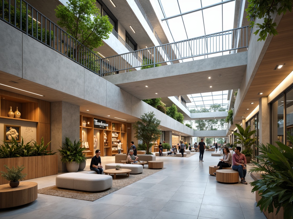 Prompt: Light-filled atrium, minimalist decor, natural wood accents, polished concrete floors, sleek metal railings, open staircases, floor-to-ceiling windows, Nordic-inspired furnishings, cozy seating areas, green walls, living plants, soft warm lighting, shallow depth of field, 3/4 composition, panoramic view, realistic textures, ambient occlusion, modern Scandinavian architecture, airy atmosphere, public art installations, minimalist product displays, wooden shelves, natural stone features, industrial-style lighting fixtures, urban landscape views, busy shopping crowds, vibrant street performers.