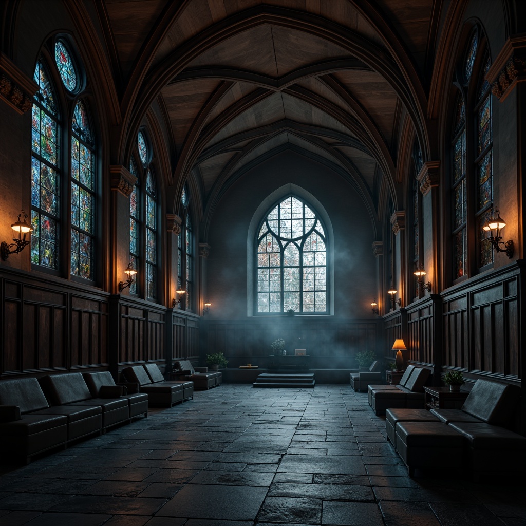 Prompt: Dark mysterious walls, stone textures, medieval-inspired arches, grandiose vaulted ceilings, stained glass windows, ornate wooden paneling, rich velvet drapes, intricate carvings, gilded accents, dramatic lighting effects, mysterious shadows, atmospheric fog, high contrast ratios, 1/2 composition, symmetrical framing, cinematic color grading, mystical ambiance.