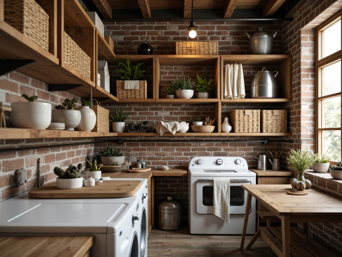 Prompt: Rustic farmhouse laundry room, open shelving with wooden crates, vintage metal baskets, natural linen fabrics, earthy color palette, distressed wood accents, exposed brick walls, industrial-style metal beams, functional pendant lighting, soft warm glow, shallow depth of field, 3/4 composition, realistic textures, ambient occlusion.