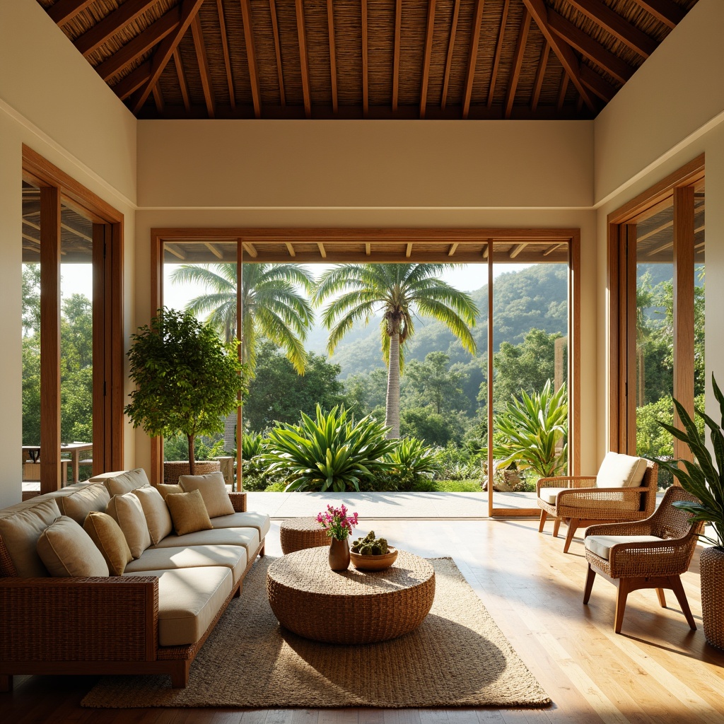 Prompt: Tropical island villa, high ceilings, large windows, sliding glass doors, natural fiber rugs, woven bamboo furniture, vibrant greenery, exotic flowers, wooden accents, rattan decor, warm beige walls, creamy white trim, soft warm lighting, shallow depth of field, 1/1 composition, panoramic view, realistic textures, ambient occlusion.