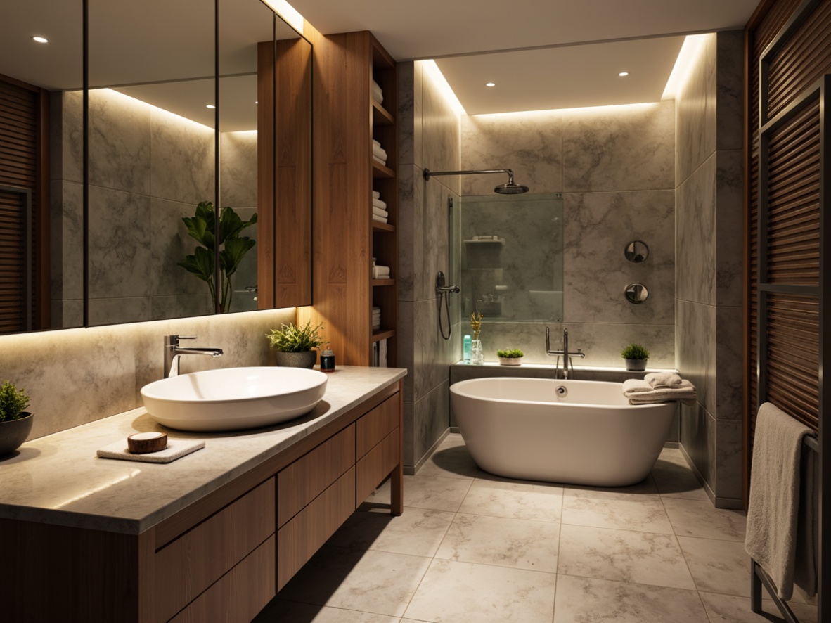 Prompt: Luxurious bathroom, marble countertops, sleek chrome fixtures, wall-mounted sink, LED lighting, rainfall showerhead, freestanding tub, wooden cabinetry, glass tile backsplash, heated floors, ambient mood lighting, 1/1 composition, shallow depth of field, realistic textures, soft focus blur.