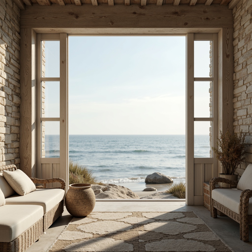 Prompt: Soft sandy beach, calming ocean views, gentle sea breeze, driftwood accents, weathered stone walls, natural linen textiles, distressed wood furniture, vintage nautical decor, creamy white shiplap, light blue-grey hues, misty morning atmosphere, warm golden lighting, shallow depth of field, 1/1 composition, realistic textures, ambient occlusion.