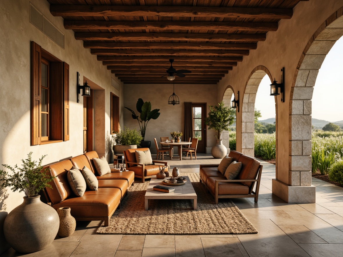 Prompt: Rustic farmhouse villa, earthy color palette, warm beige walls, natural wood accents, weathered stone floors, vintage metal decor, soft sage greenery, distressed leather furniture, woven textiles, ceramic vases, candlelight ambiance, cozy reading nooks, plush area rugs, wooden ceiling beams, exposed brick chimneys, lush gardens, wildflower fields, sunny afternoon, warm golden lighting, shallow depth of field, 1/1 composition, intimate atmosphere, realistic textures.