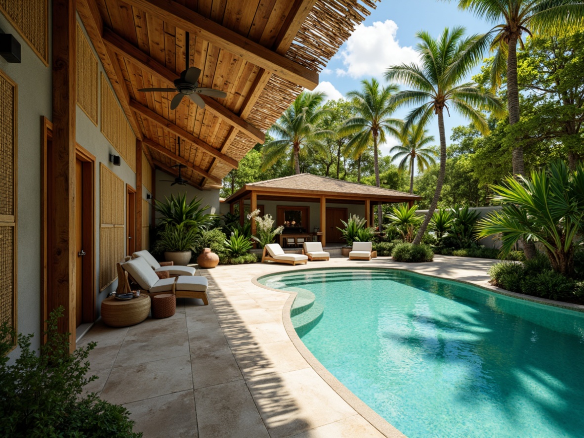 Prompt: Tropical garage, exotic wood accents, woven bamboo walls, natural stone floors, polished concrete surfaces, metallic epoxy coatings, vibrant turquoise hues, lush greenery surroundings, palm tree silhouettes, sunny warm lighting, soft focus, shallow depth of field, 1/1 composition, realistic textures, ambient occlusion.