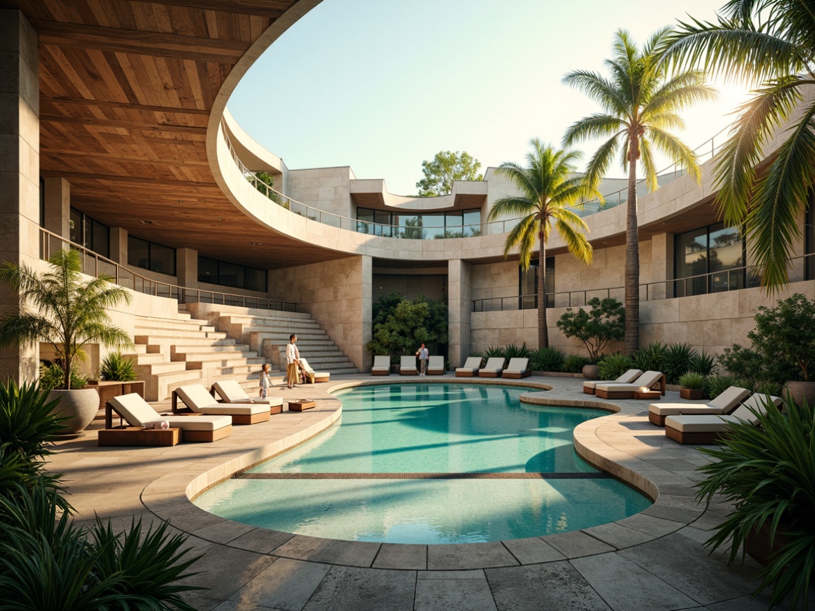 Prompt: Grand amphitheater, sweeping curved lines, fluid organic shapes, undulating seating tiers, gradient stone walls, polished wooden accents, vibrant turquoise water features, lush greenery, tropical plants, warm sunny day, soft golden lighting, shallow depth of field, 3/4 composition, panoramic view, realistic textures, ambient occlusion.