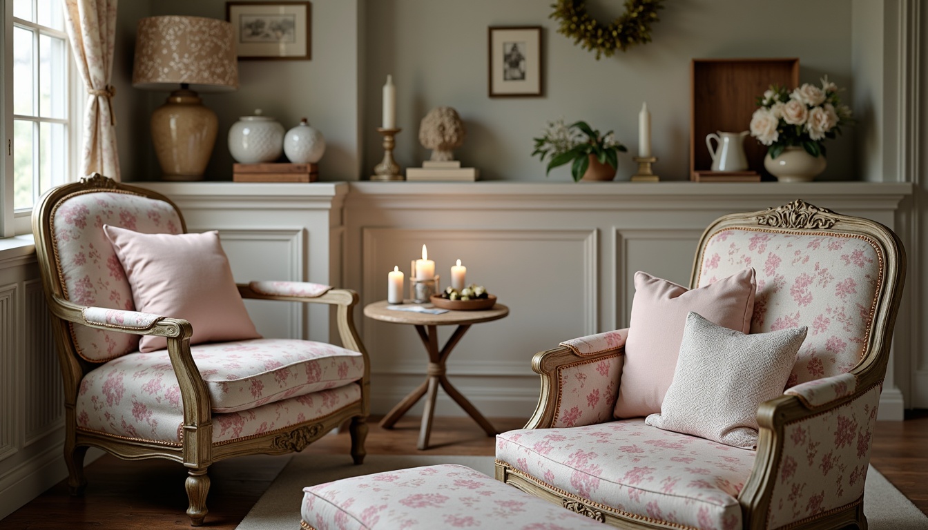 Prompt: Distressed vintage furniture, soft pastel colors, floral patterns, lace textiles, ornate metal details, antique wooden accents, plush velvet cushions, rustic distressed finishes, elegant curves, feminine silhouettes, natural linen fabrics, warm candlelight, cozy reading nooks, vintage accessories, soft focus photography, 1/1 composition, shallow depth of field, romantic ambiance.