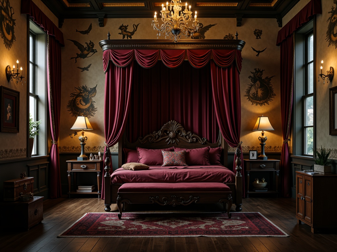 Prompt: Dark wooden canopy bed, mysterious curtains, eerie chandelier, mystical wall decals, whimsical fantasy creatures, ornate gold accents, luxurious velvet fabrics, intricate carvings, mysterious chests, old-fashioned keys, spooky lanterns, dim warm lighting, shallow depth of field, 1/1 composition, cinematic atmosphere, dramatic shadows.