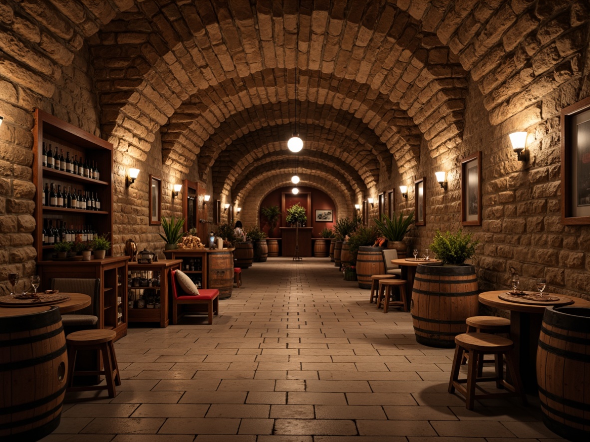 Prompt: Rustic wine cellar, stone walls, brick arches, wooden barrels, oak wood accents, dimly lit atmosphere, soft warm lighting, earthy tones, natural stone floors, aged wooden furniture, vintage wine-making equipment, copper pipes, ceramic tiles, medieval-inspired decor, rich textures, warm color palette, intimate setting, subtle shadows, 1/2 composition, realistic rendering.