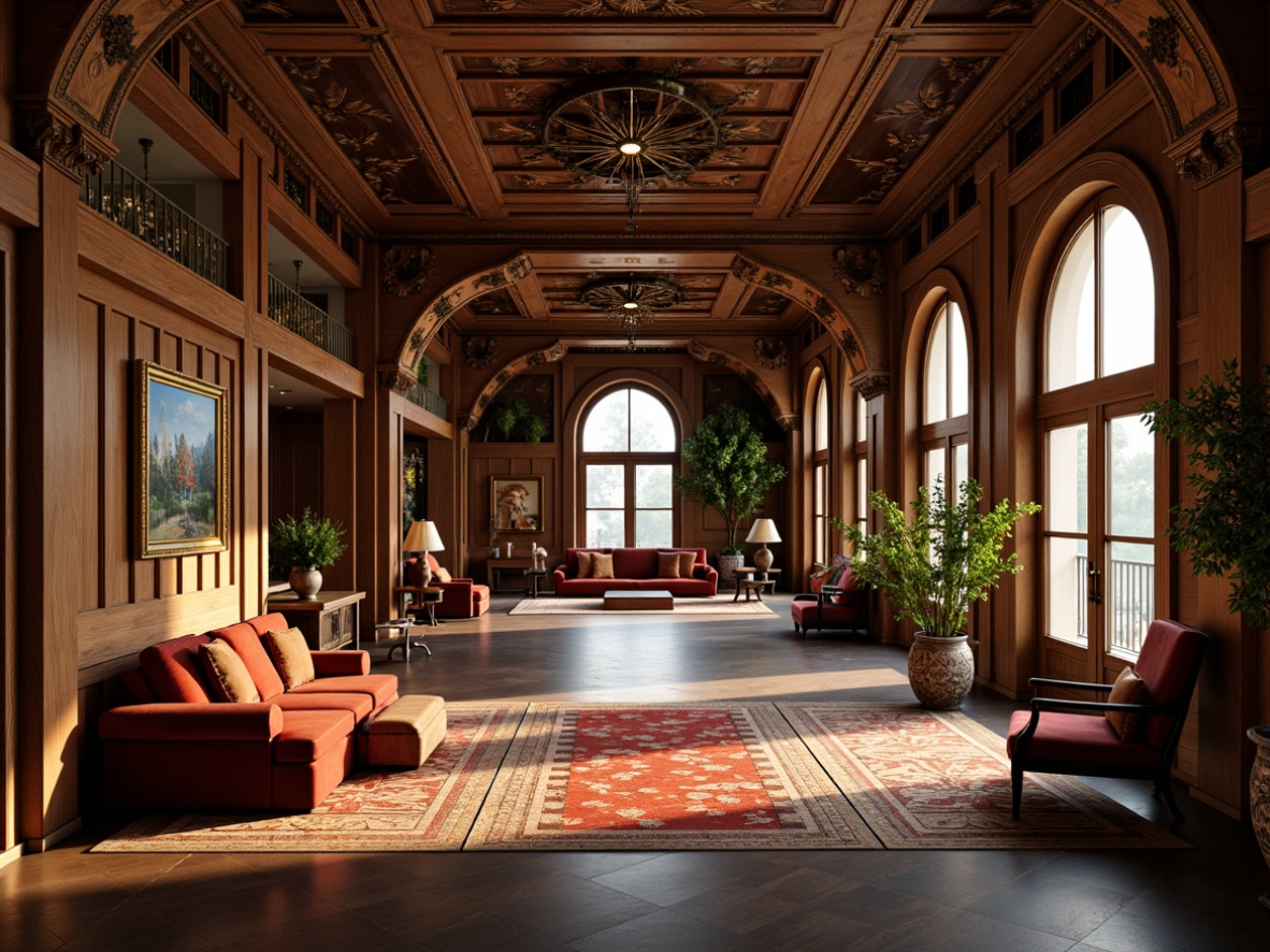 Prompt: Intricate wooden carvings, sinuous curves, flowing lines, organic forms, ornate metalwork, luxurious velvet upholstery, richly patterned rugs, stained glass accents, botanical motifs, elegant archways, soft warm lighting, shallow depth of field, 3/4 composition, panoramic view, realistic textures, ambient occlusion.