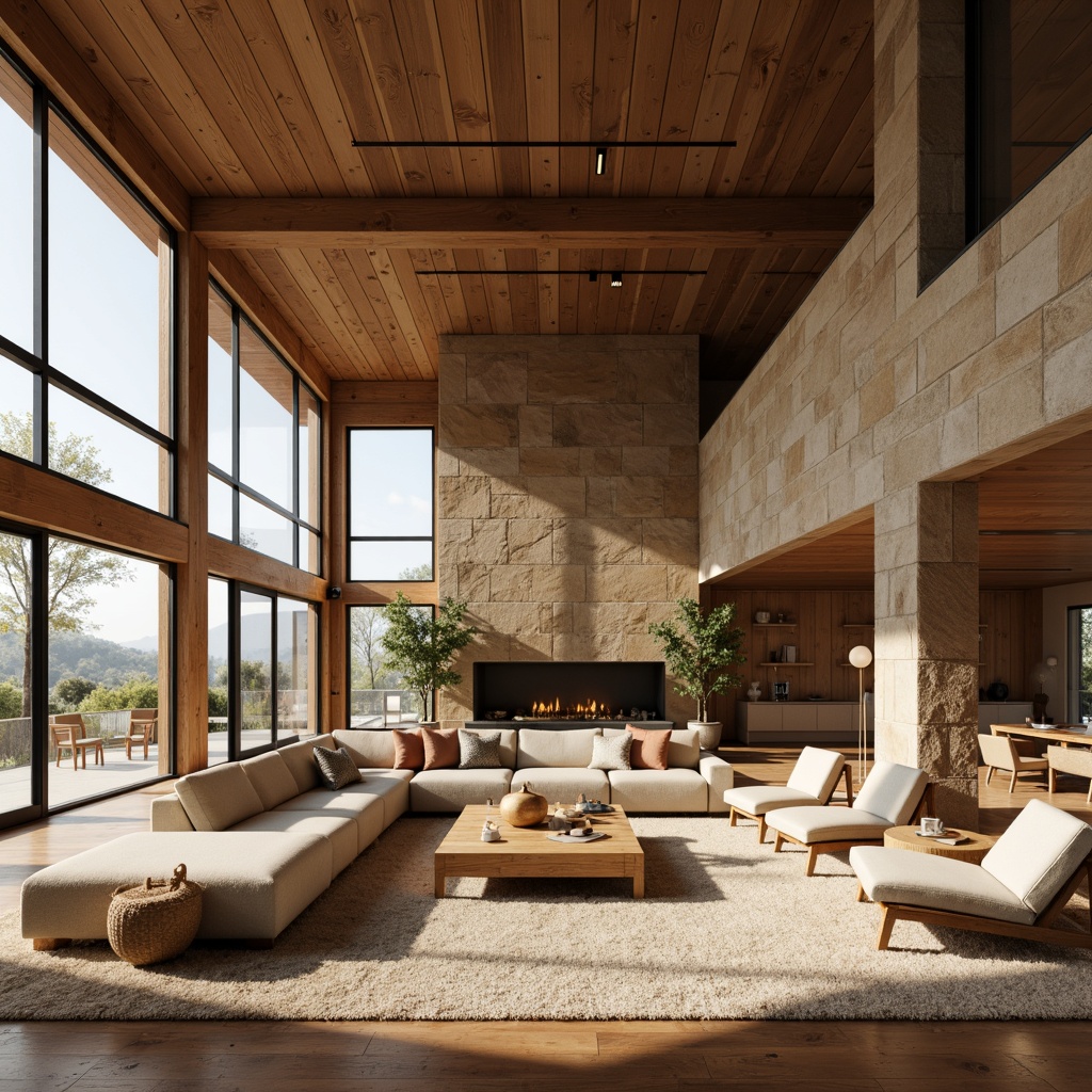 Prompt: Cozy great room, textured walls, natural stone accents, warm earthy tones, plush furnishings, comfortable seating areas, large windows, soft diffused lighting, warm beige carpets, minimalist decor, modern rustic style, exposed wooden beams, vaulted ceiling, ambient shadows, 1/1 composition, realistic materials, subtle color palette.