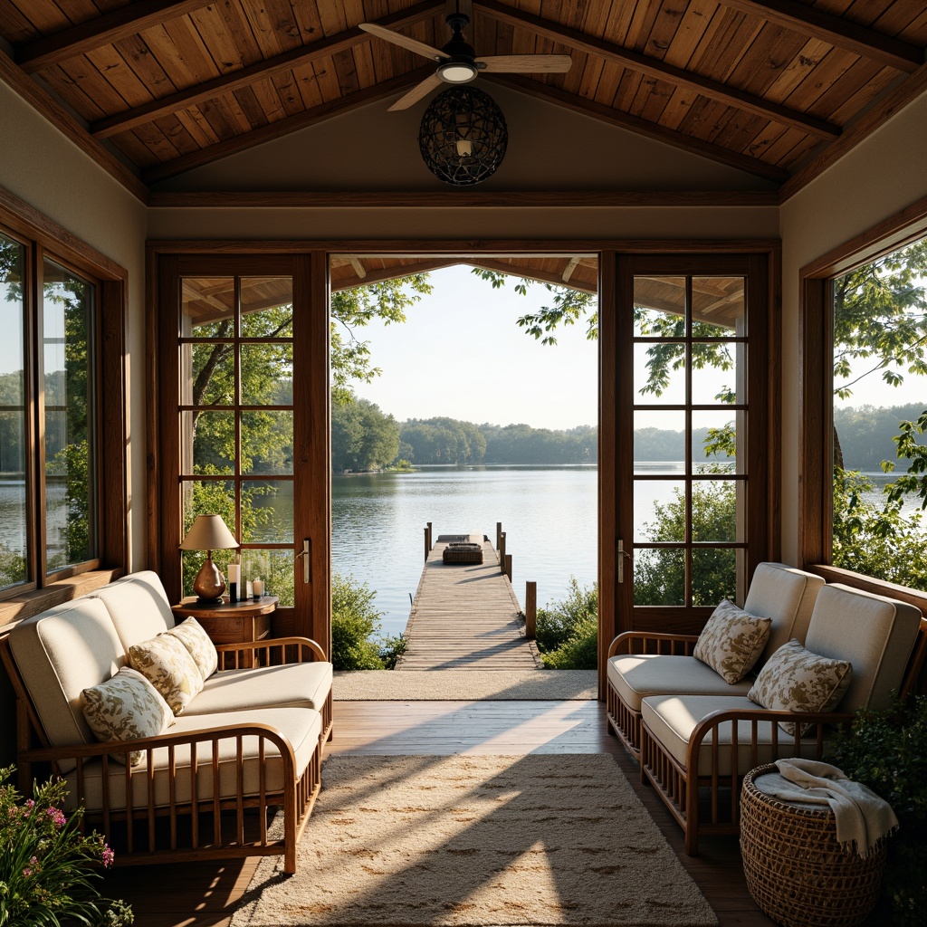 Prompt: Rustic boathouse, wooden dock, serene lake views, lush greenery, vintage nautical elements, distressed wood accents, soft beige textiles, natural linen fabrics, delicate lace trimmings, plush velvet upholstery, warm candlelight, cozy reading nooks, antique furniture pieces, French country-inspired decor, stone walls, earthy color palette, botanical prints, woven wicker furniture, organic shapes, soft warm lighting, shallow depth of field, 3/4 composition, panoramic view, realistic textures, ambient occlusion.