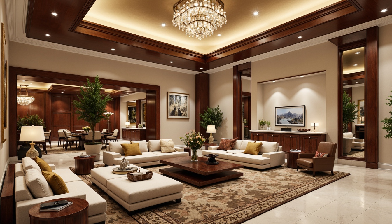 Prompt: Luxurious interior design, opulent furniture, rich wood tones, polished marble countertops, soft velvety carpets, metallic accents, satin nickel finishes, crystal chandeliers, ambient warm lighting, creamy white walls, ornate mirrors, lavish fabrics, subtle textures, sophisticated color palette, elegant proportions, refined details, exquisite craftsmanship, high-end materials, sumptuous atmosphere.