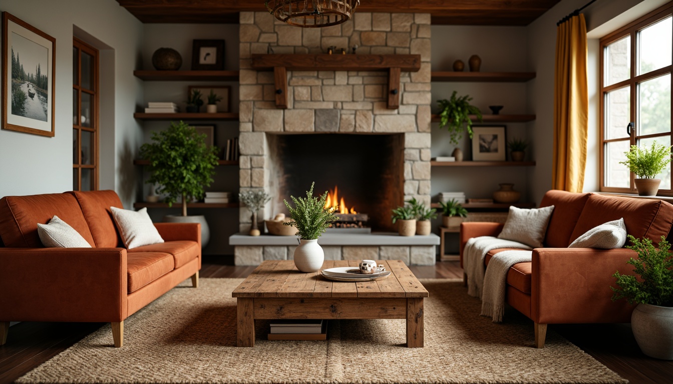 Prompt: Rustic living room, reclaimed wood coffee table, plush velvet sofa, vintage armchairs, natural stone fireplace, earthy tone walls, woven jute rug, potted plants, warm ambient lighting, soft focus blur, shallow depth of field, 2/3 composition, cozy atmosphere, traditional decorative accents.