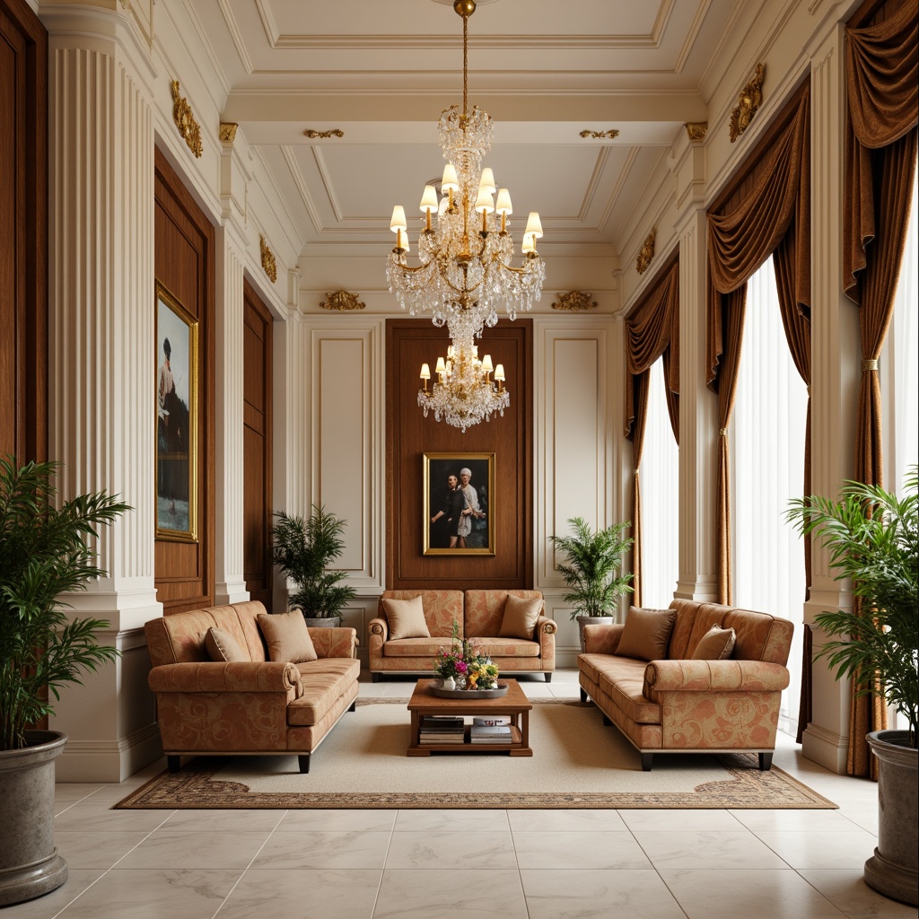 Prompt: Elegant living room, neoclassical columns, cream marble floors, ornate moldings, gilded accents, plush velvet sofas, rich wood paneling, crystal chandeliers, soft warm lighting, subtle shadows, 1/1 composition, symmetrical layout, harmonious color palette, intricate carvings, refined textures, ambient occlusion.