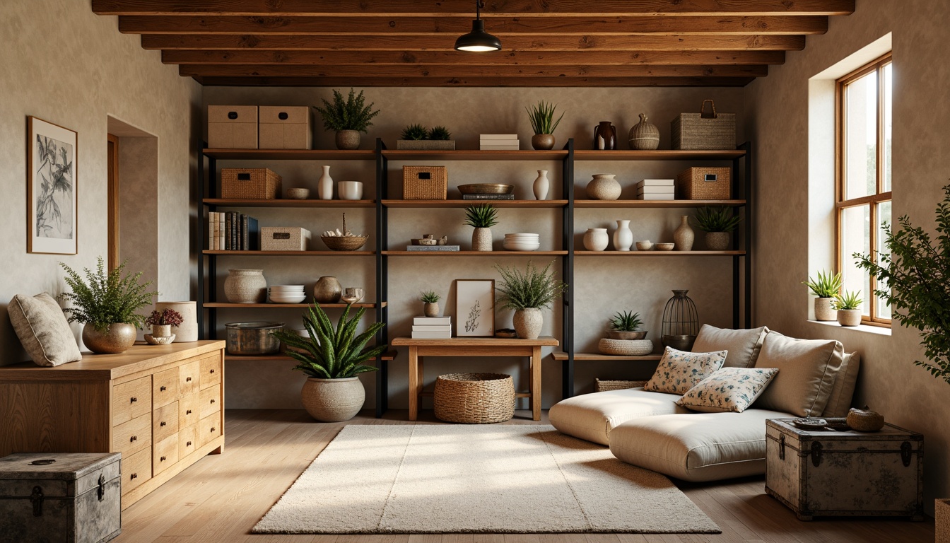 Prompt: Cozy storage room, earthy tones, warm beige walls, rustic wooden shelves, industrial metal racks, soft warm lighting, natural textiles, woven baskets, vintage metal trunks, distressed wood accents, calming color scheme, muted pastels, creamy whites, rich browns, soft grays, 1/1 composition, shallow depth of field, realistic textures, ambient occlusion.