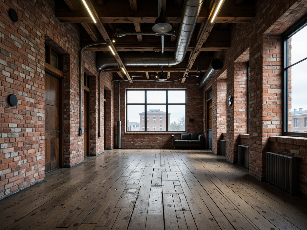 Prompt: Rustic industrial building, distressed brick walls, worn wooden accents, metallic pipes, exposed ductwork, reclaimed wood flooring, vintage factory windows, urban cityscape, overcast sky, soft diffused lighting, shallow depth of field, 3/4 composition, gritty realistic textures, ambient occlusion.