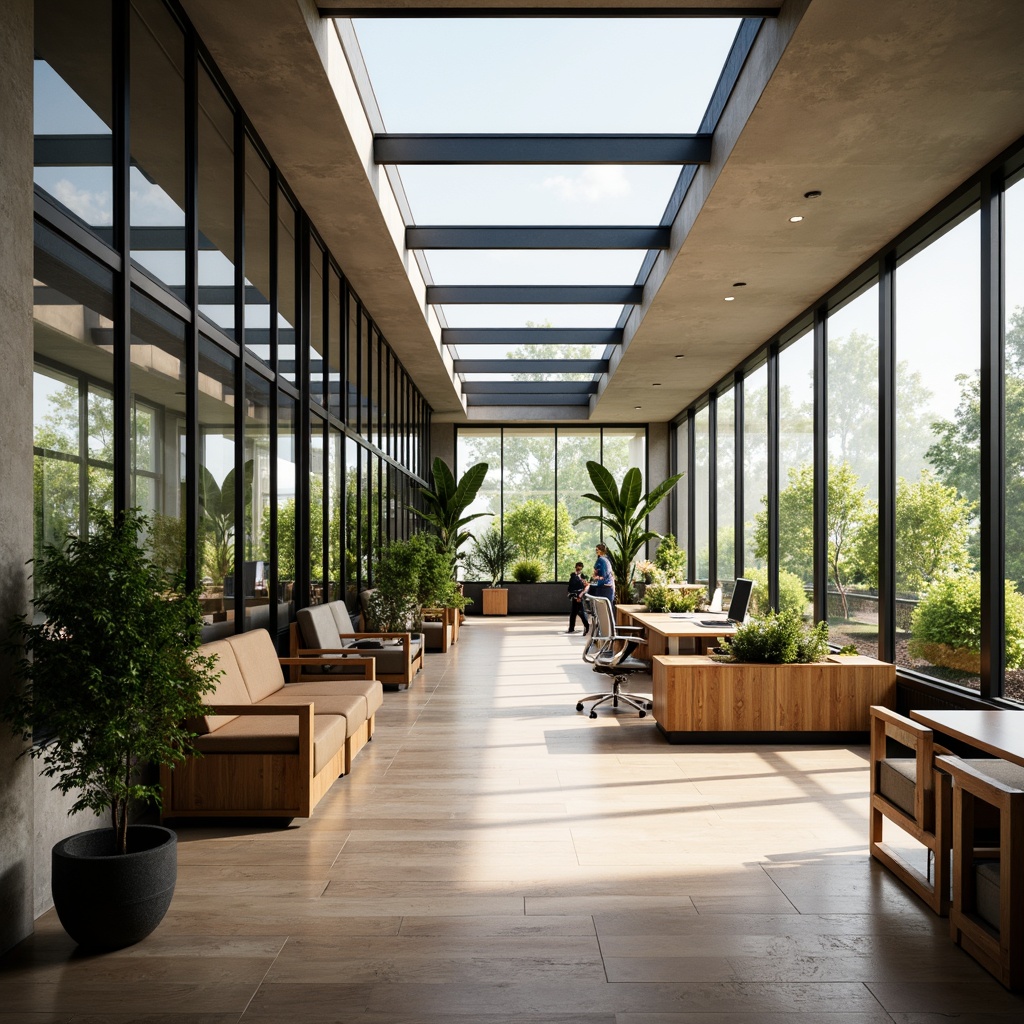 Prompt: Minimalist office interior, floor-to-ceiling windows, transparent glass walls, clerestory windows, skylights, open-plan layout, collaborative workspaces, wooden desks, ergonomic chairs, greenery, potted plants, natural textiles, earthy color palette, soft warm lighting, ambient shadows, 1/1 composition, shallow depth of field, realistic reflections.