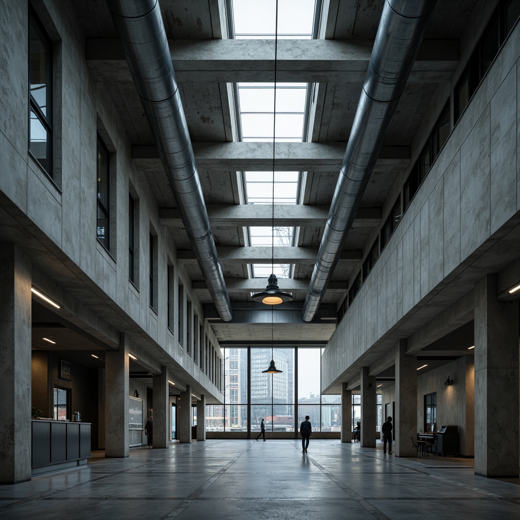 Prompt: Exposed concrete ceilings, raw industrial pipes, brutalist hospital architecture, functional lighting fixtures, stainless steel sconces, minimalist lamp designs, cold white fluorescent lights, overhead track lighting, metal mesh shades, industrial-style pendant lamps, bold structural elements, dramatic natural light, clerestory windows, urban cityscape views, overcast skies, moody atmospheric lighting, high-contrast shadows, 2/3 composition, cinematic framing, realistic textures, ambient occlusion.