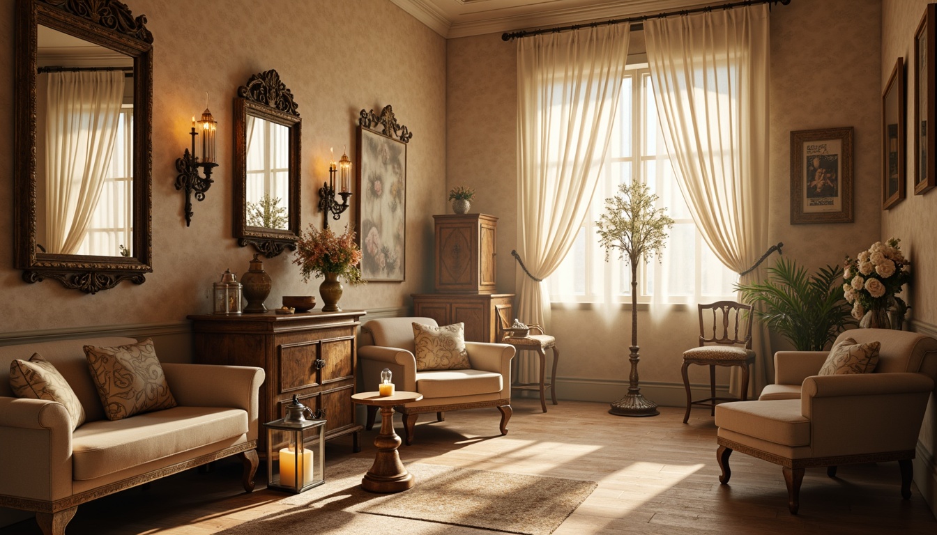 Prompt: Soft warm glow, vintage metal lanterns, distressed finishes, ornate mirrors, crystal chandeliers, delicate lace curtains, creamy whites, pastel hues, rustic wooden accents, antique furniture pieces, velvet drapes, luxurious textiles, elegant candelabras, subtle sparkle, warm beige tones, intimate ambiance, 1/1 composition, soft focus, romantic lighting.