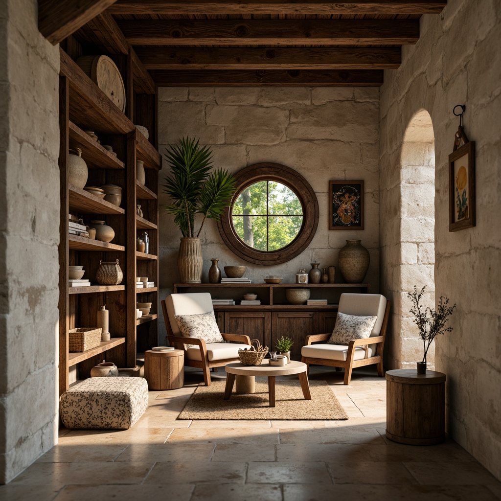 Prompt: Rustic stone walls, earthy tones, weathered wooden accents, distressed finishes, natural textures, cozy atmosphere, warm lighting, shallow depth of field, 1/1 composition, intimate setting, soft focus, realistic renderings.