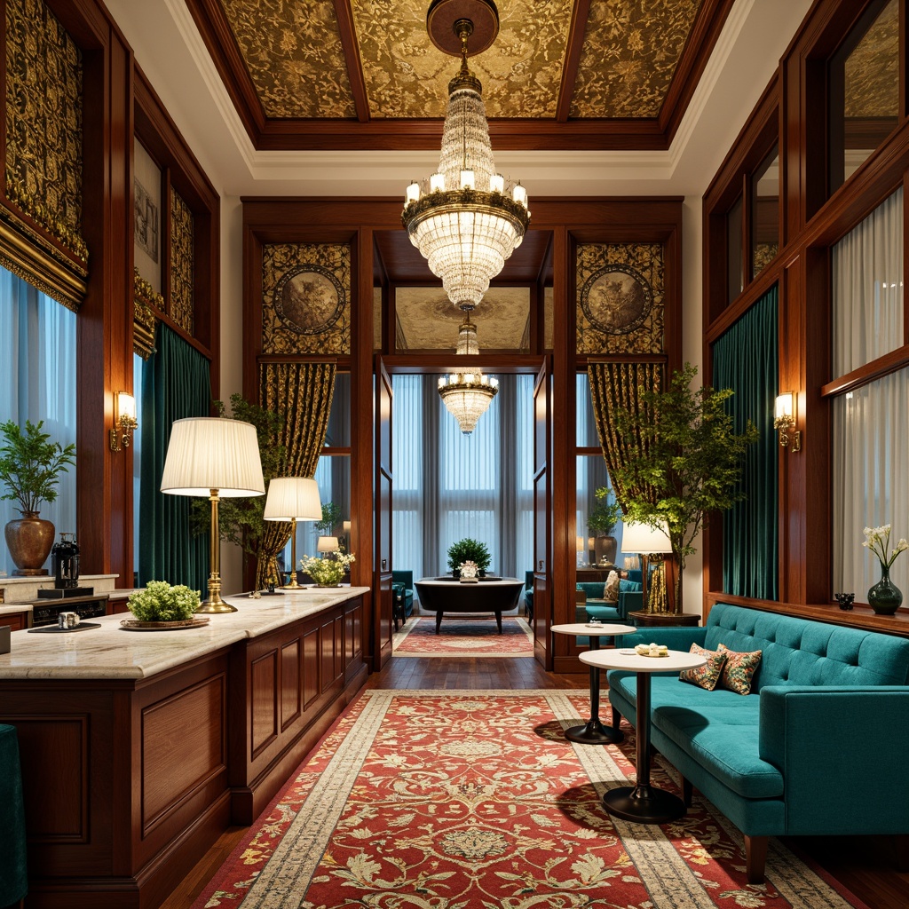 Prompt: Richly patterned carpeting, luxurious velvet fabrics, polished brass accents, sleek walnut wood paneling, ornate crystal chandeliers, lavish gold leaf details, retro-inspired geometric shapes, vibrant turquoise hues, bold graphic prints, sophisticated marble countertops, high-gloss wooden floors, opulent tufted upholstery, dramatic floor-to-ceiling curtains, warm ambient lighting, shallow depth of field, 2/3 composition, cinematic view, realistic textures, subtle ambient occlusion.