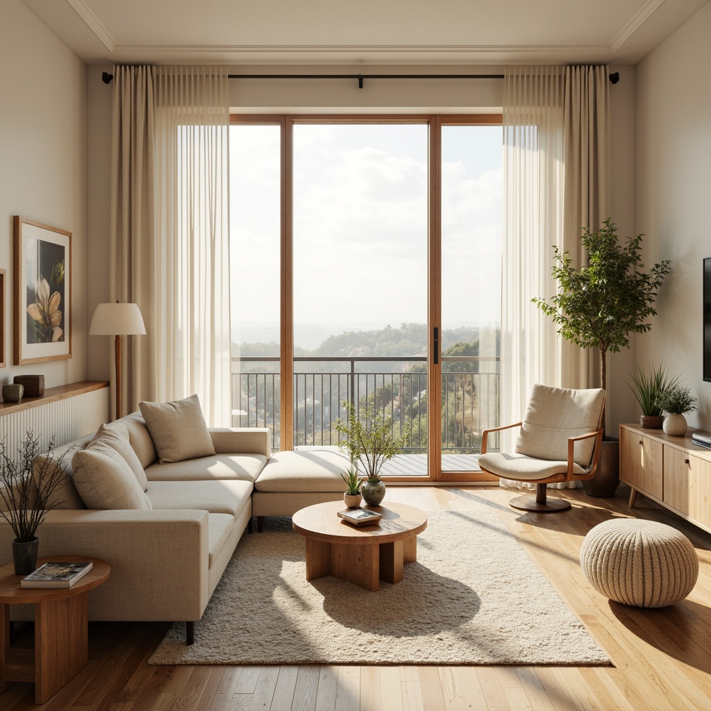 Prompt: Cozy Nordic living room, large windows, minimal drapery, soft warm natural light, wooden floors, light-colored walls, minimalist decor, modern Scandinavian furniture, plants on shelves, nature-inspired artwork, warm beige tones, creamy whites, gentle morning light, atmospheric shadows, shallow depth of field, 1/1 composition, realistic textures, ambient occlusion.