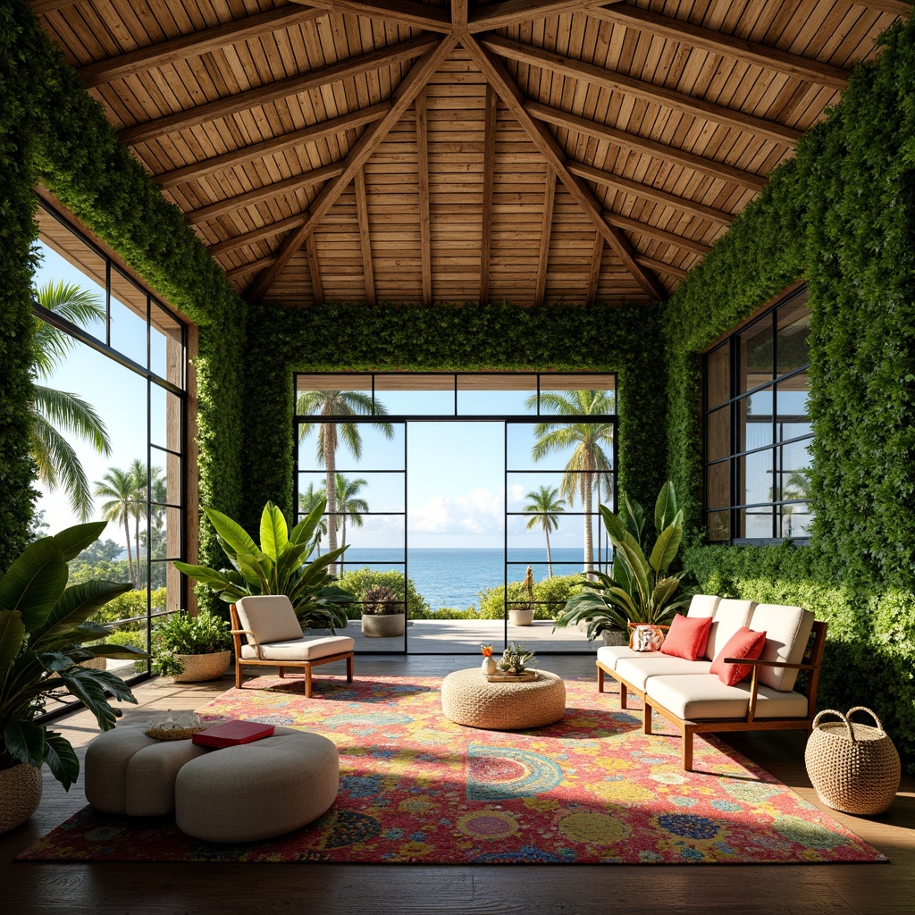 Prompt: Lush green walls, exotic plants, natural wood accents, woven rattan furniture, vibrant colorful textiles, tropical patterns, open floor plan, high ceilings, large windows, sliding glass doors, ocean views, bright sunny day, soft warm lighting, shallow depth of field, 3/4 composition, panoramic view, realistic textures, ambient occlusion.