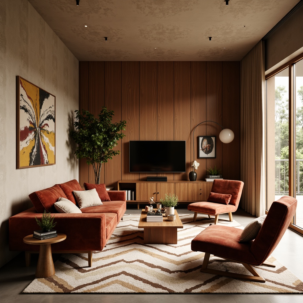 Prompt: Mid-century modern living room, warm earthy tones, rich walnut wood accents, plush velvet sofas, geometric patterned rugs, abstract artwork, natural textiles, organic shapes, retro-inspired decorative accessories, soft diffused lighting, 1/1 composition, shallow depth of field, realistic textures, ambient occlusion.