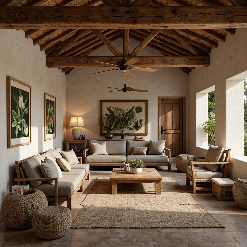 Prompt: Rustic villa interior, exposed wooden beams, natural stone walls, earthy color palette, vintage farmhouse decor, distressed wood furniture, plush cushions, soft warm lighting, shallow depth of field, 1/2 composition, inviting atmosphere, cozy nooks, woven textiles, natural fiber rugs, botanical prints, ceramic vases, modern rustic chandeliers, wooden ceiling fans.