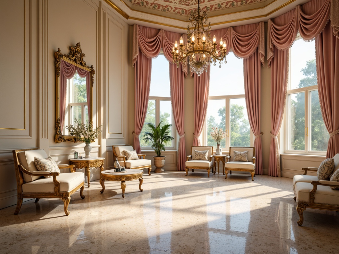 Prompt: Luxurious interior, ornate gold accents, soft cream walls, rich velvet fabrics, delicate lace patterns, pastel pink hues, powder blue undertones, warm beige marble, intricate wooden carvings, opulent chandeliers, dramatic curtain draping, lavish furnishings, Baroque-inspired motifs, subtle sheen finishes, afternoon sunlight, warm golden lighting, shallow depth of field, 1/2 composition, ornate mirror frames.