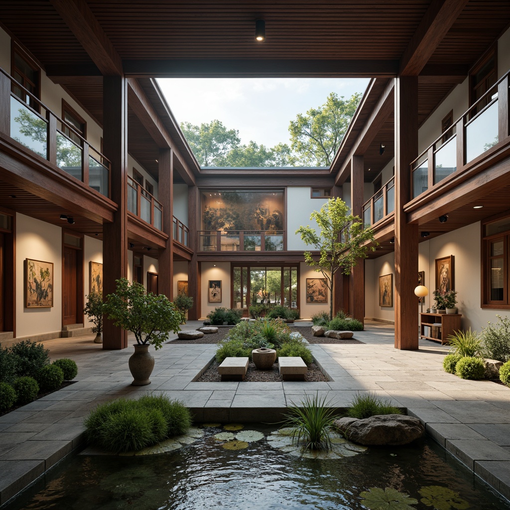 Prompt: Elegant museum interior, traditional Asian architecture, serene courtyard gardens, tranquil koi ponds, natural stone flooring, wooden accents, subtle lighting, cultural artifact displays, intricate wood carvings, vibrant silk fabrics, ornate ceramics, minimalistic shelves, atmospheric misting, warm color tones, soft focus, shallow depth of field, 1/1 composition, realistic textures, ambient occlusion.