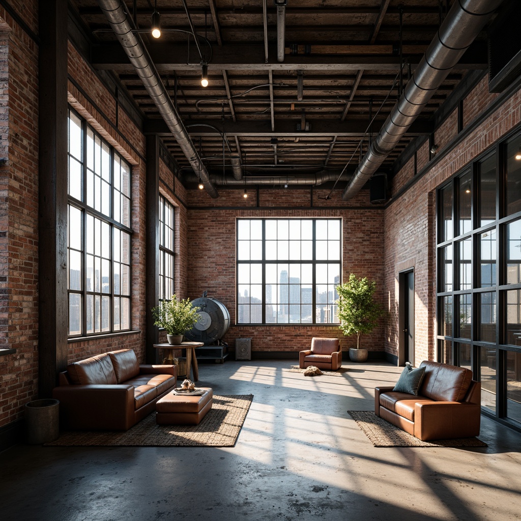 Prompt: Exposed brick walls, industrial metal beams, reclaimed wood accents, polished concrete floors, modern factory windows, urban cityscape views, functional pipe fixtures, Edison bulb lighting, distressed leather furniture, vintage manufacturing equipment, metal grid ceilings, minimalist color palette, gritty urban textures, high-contrast dramatic lighting, 1/1 composition, cinematic atmosphere, realistic material renderings.