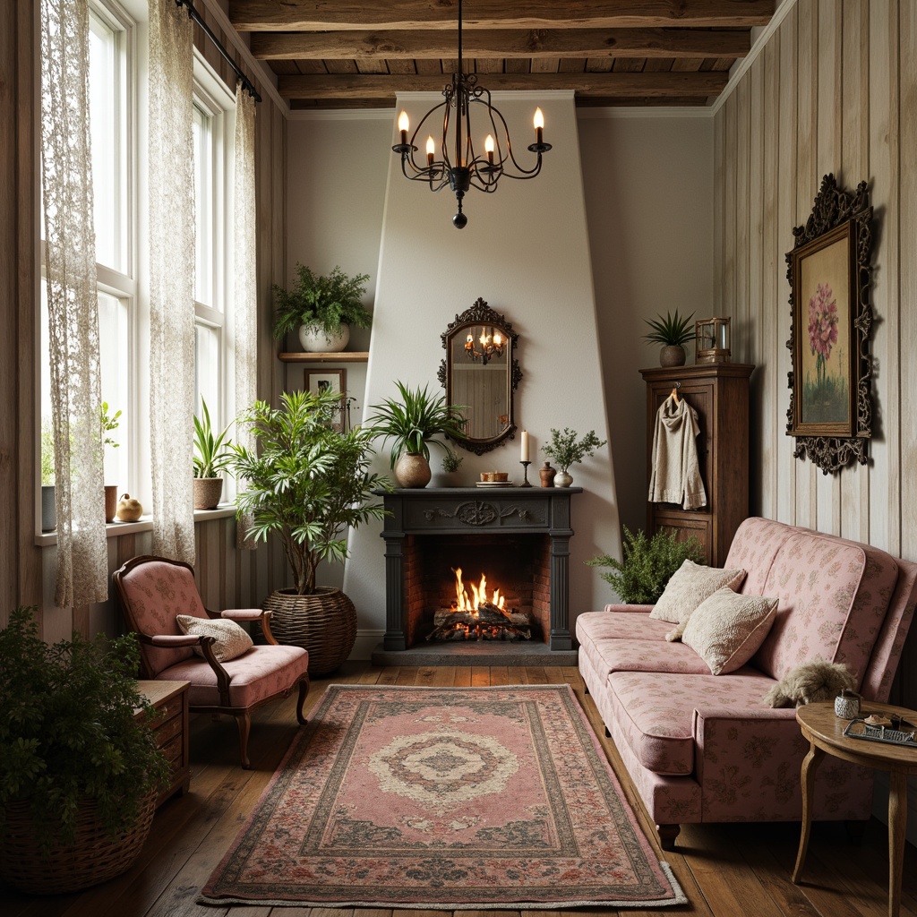 Prompt: Distressed wood furniture, vintage decor, soft pastel colors, lace curtains, floral patterns, rustic metal accents, worn velvet upholstery, antique accessories, ornate mirrors, distressed finishes, aged leather, natural fibers, woven baskets, potted plants, soft warm lighting, cozy throw blankets, 3/4 composition, intimate scale, romantic ambiance.