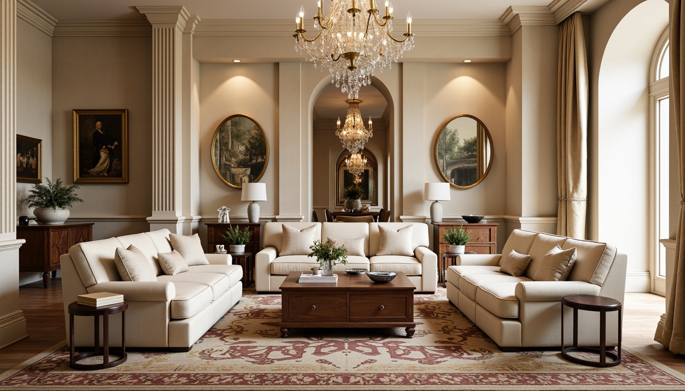 Prompt: Elegant family room, neoclassical furniture arrangement, cream-colored sofas, velvet armchairs, wooden coffee tables, ornate mirrors, crystal chandeliers, richly patterned rugs, soft beige walls, tall columns, archways, subtle gold accents, classical sculptures, framed oil paintings, warm inviting lighting, shallow depth of field, 1/2 composition, symmetrical balance, realistic textures, ambient occlusion.