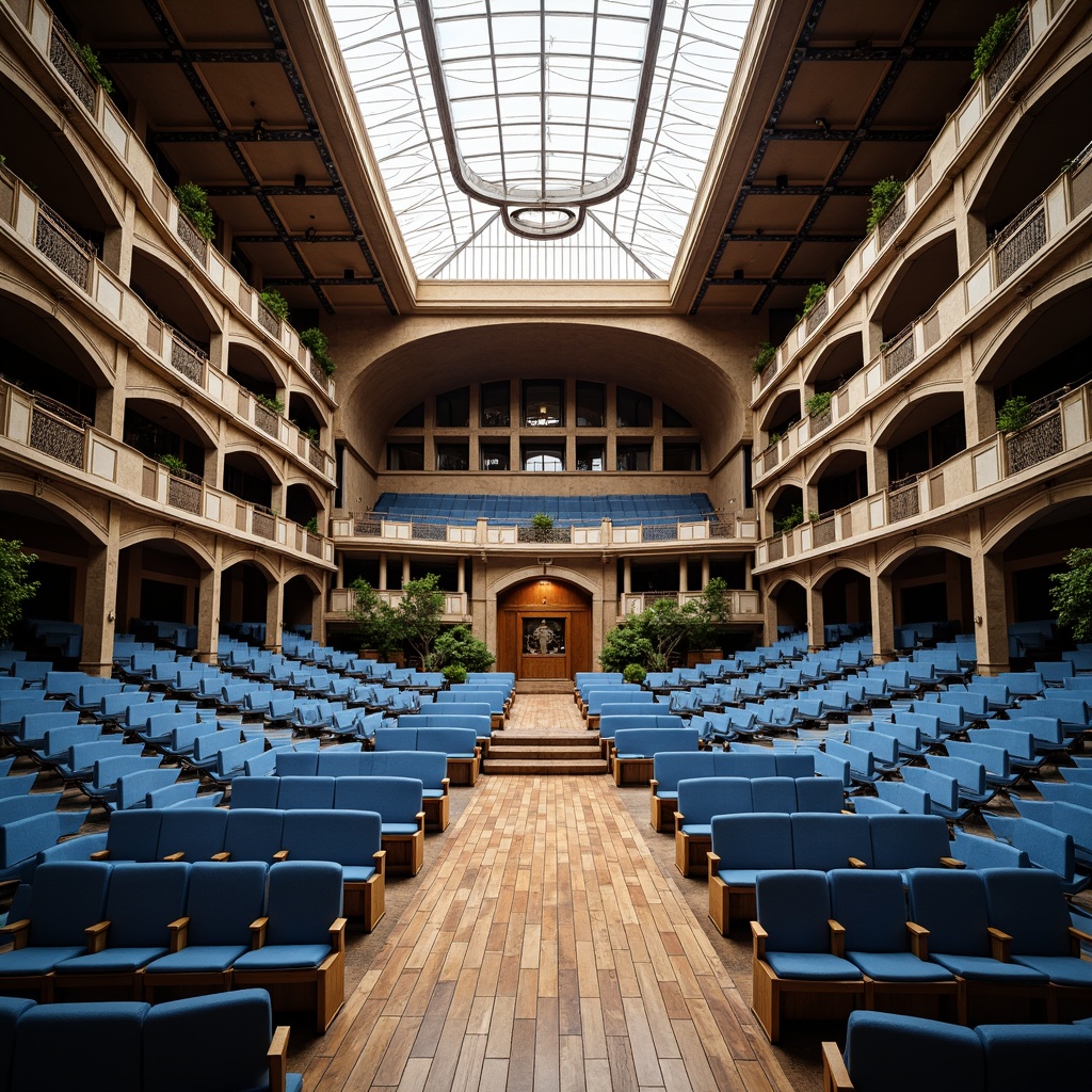 Prompt: Grand amphitheater, sweeping curved lines, undulating seating, vibrant blue seats, polished wooden floors, intricate stone carvings, ornate metal railings, grandiose entrance arches, majestic domed roof, natural light pouring in, soft warm glow, shallow depth of field, 1/1 composition, symmetrical balance, realistic textures, ambient occlusion.