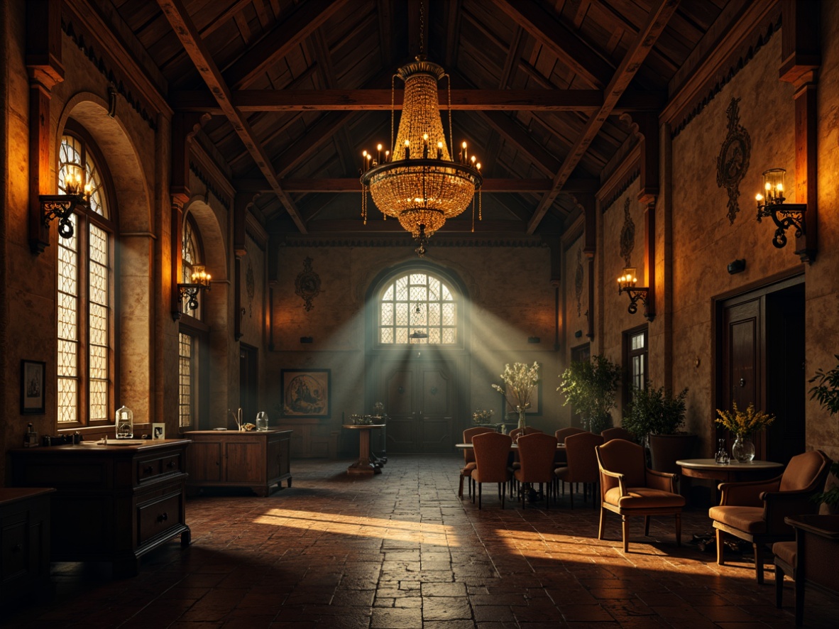 Prompt: Dimly lit grand hall, ornate chandeliers, dripping crystals, mysterious candlelight, lantern-style sconces, rusty metal accents, distressed wooden beams, dark stone walls, lavish drapery, intricate carvings, mystical symbols, eerie shadows, warm golden lighting, soft glowing ambiance, dramatic high ceilings, narrow stained glass windows, gothic arches, rich velvet fabrics, antique furniture pieces, mysterious alcoves, hidden passageways.