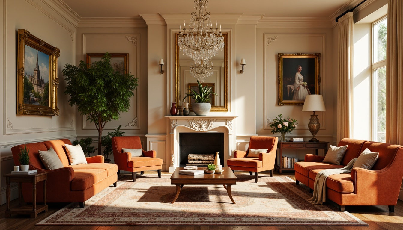 Prompt: Cozy family room, warm beige walls, ornate golden frames, plush velvet sofas, carved wooden coffee tables, elegant crystal chandeliers, richly patterned rugs, soft cream curtains, subtle neoclassical moldings, luxurious silk fabrics, intricate embroidery details, classical architectural elements, warm afternoon sunlight, gentle warm lighting, shallow depth of field, 1/2 composition, realistic textures, ambient occlusion.