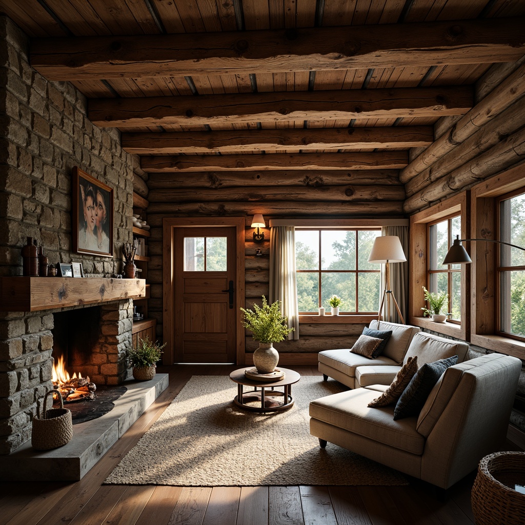 Prompt: Rustic wooden cabin, natural stone walls, earthy tones, weathered metal roofs, distressed finishes, vintage decor, cozy fireplaces, plush textiles, warm ambient lighting, soft shadows, 1/2 composition, intimate framing, cinematic mood, realistic wood grain, ambient occlusion.