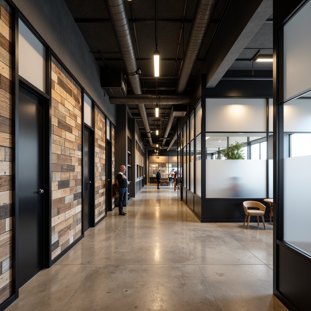 Prompt: Modern interior space, sleek lines, minimal ornamentation, polished concrete floors, matte black metal accents, frosted glass partitions, reclaimed wood textures, industrial-chic exposed ductwork, neutral color palette, soft warm lighting, shallow depth of field, 3/4 composition, realistic reflections, ambient occlusion.