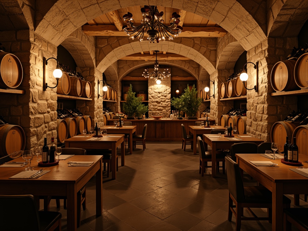 Prompt: Rustic wine cellar, stone walls, wooden barrels, dim warm lighting, soft glow, ambient shadows, lantern-style fixtures, wrought iron chandeliers, candlelit tables, vintage wine bottles, rich wood tones, earthy aromas, intimate atmosphere, warm beige colors, subtle backlighting, low-key illumination, cozy nooks, traditional decor, ornate metalwork, distressed finishes, romantic ambiance.